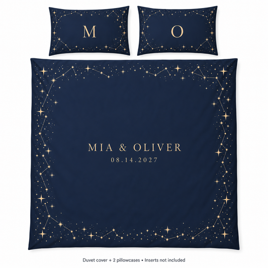 Navy Celestial personalized wedding duvet cover set - hero