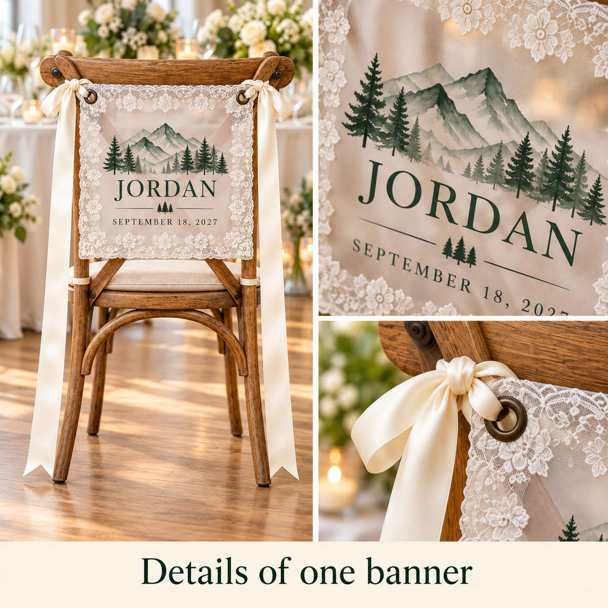 Mountain Promise Personalized Lace Chair Banner; detail. One Day for Lifetime