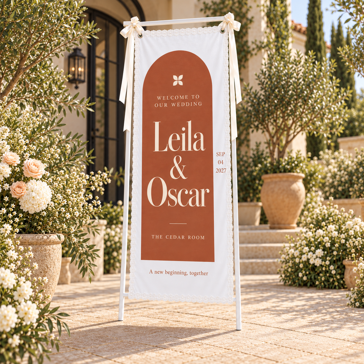Through Our Painted Arch | Personalized Lace Wedding Banner - low upward