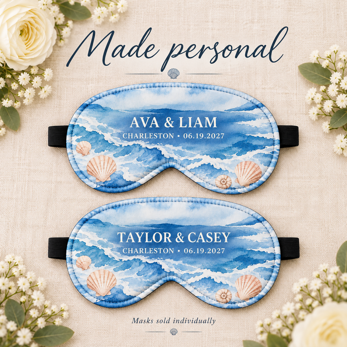 Coastal Honeymoon Sleep Mask; name options. One Day for Lifetime