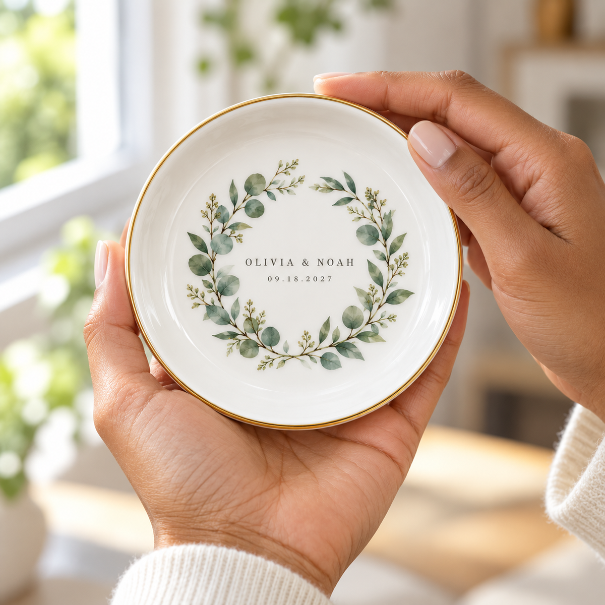 Sage Wreath personalized ceramic jewelry dish - handheld