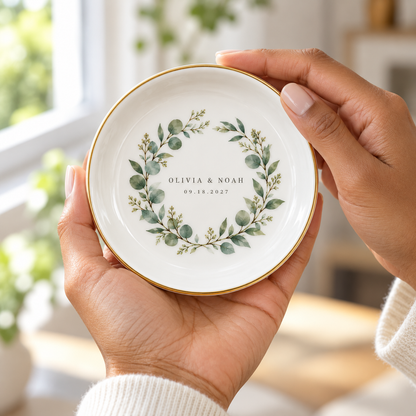 Sage Wreath personalized ceramic jewelry dish - handheld