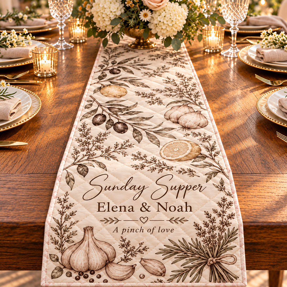 Family Recipe Dinner Quilt Table Runner; quilt detail. One Day for Lifetime
