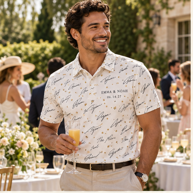 Guest Signature Confetti Polo Shirt; lifestyle context. One Day for Lifetime