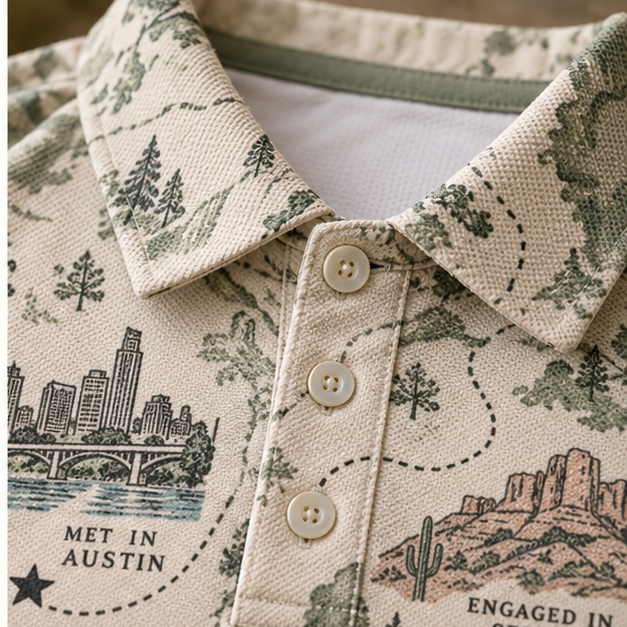 Our Story Map Polo Shirt; print material detail. One Day for Lifetime