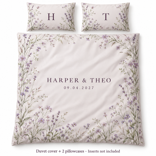 Lilac Meadow personalized wedding duvet cover set - hero