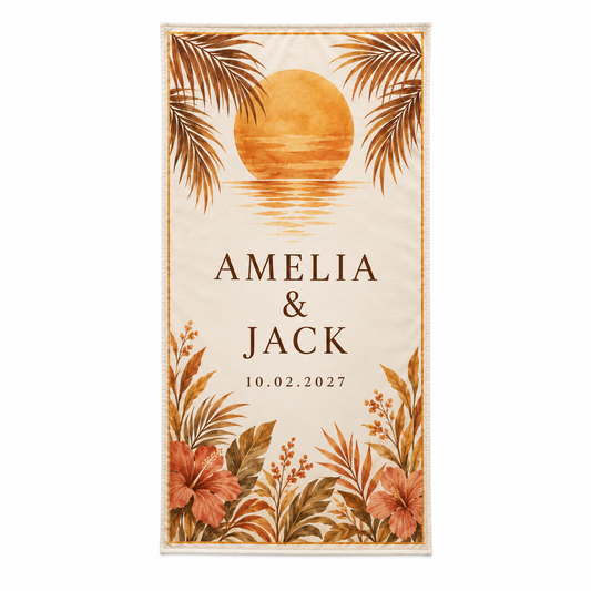 Amber Botanical Sunset personalized wedding beach towel - front