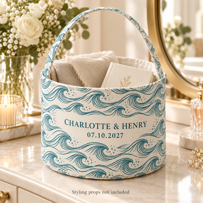 Teal Coastal Waves personalized fabric gift basket - bridal suite