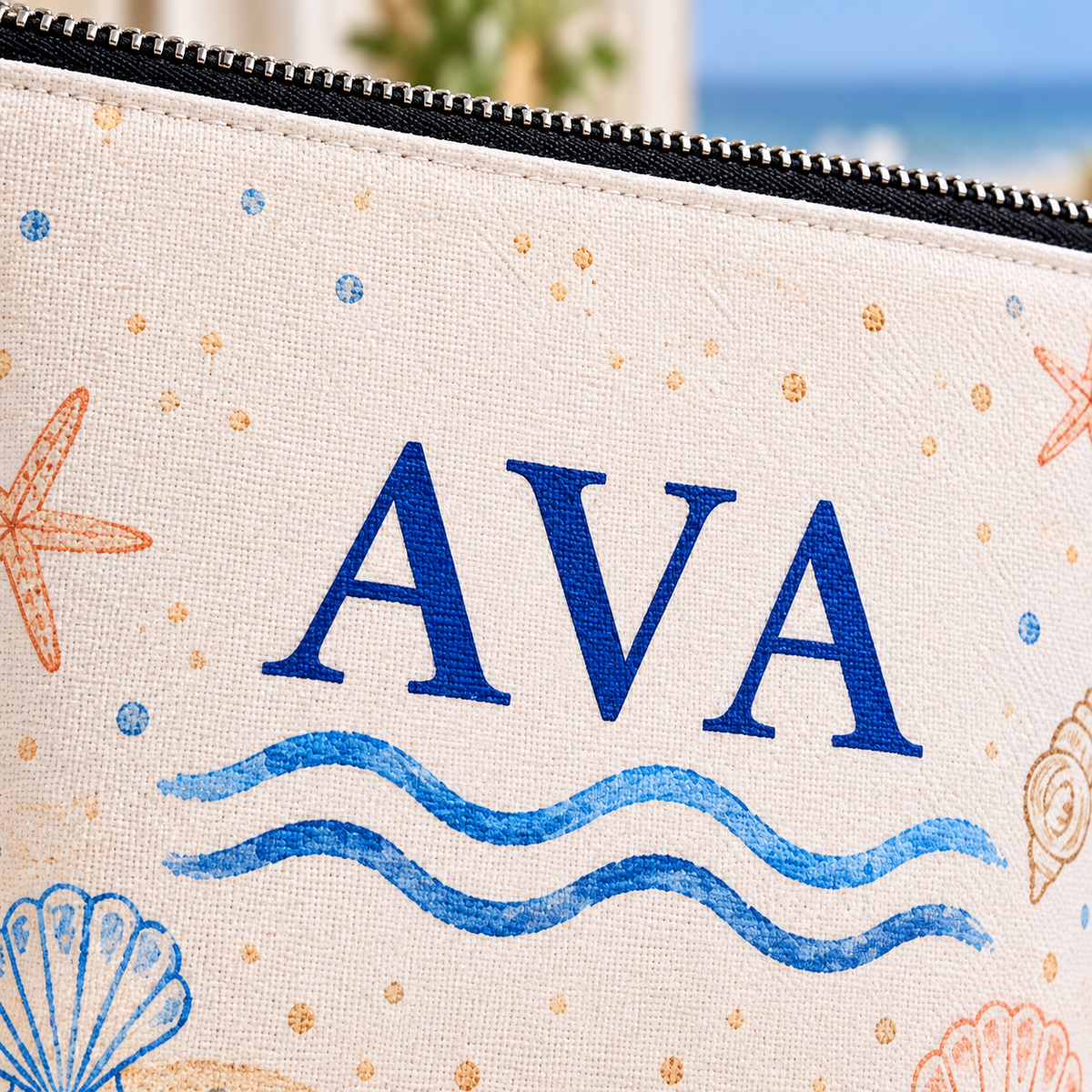 Coastal Wedding Weekend Cosmetic Bag; print detail. One Day for Lifetime