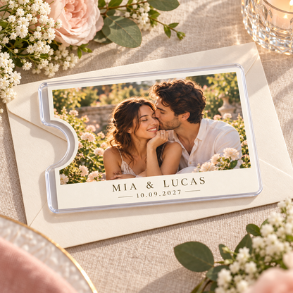 Engagement Photo Keepsake Card Sleeve; wedding setting. One Day for Lifetime