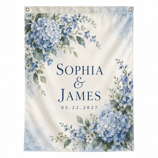 Dusty Blue Floral personalized wedding house flag - product hero