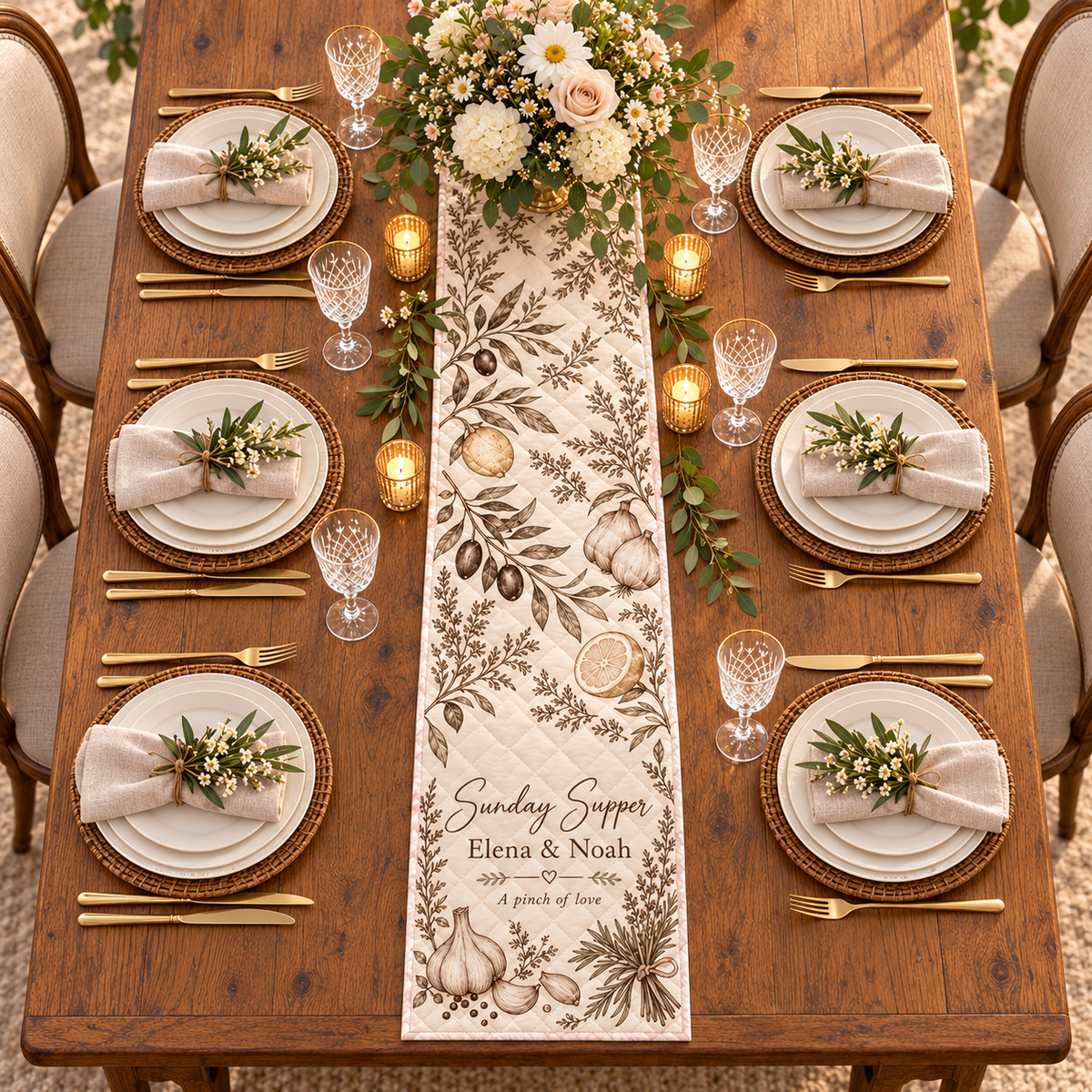 Family Recipe Dinner Quilt Table Runner; overhead context. One Day for Lifetime