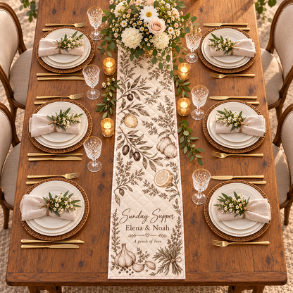 Family Recipe Dinner Quilt Table Runner; overhead context. One Day for Lifetime