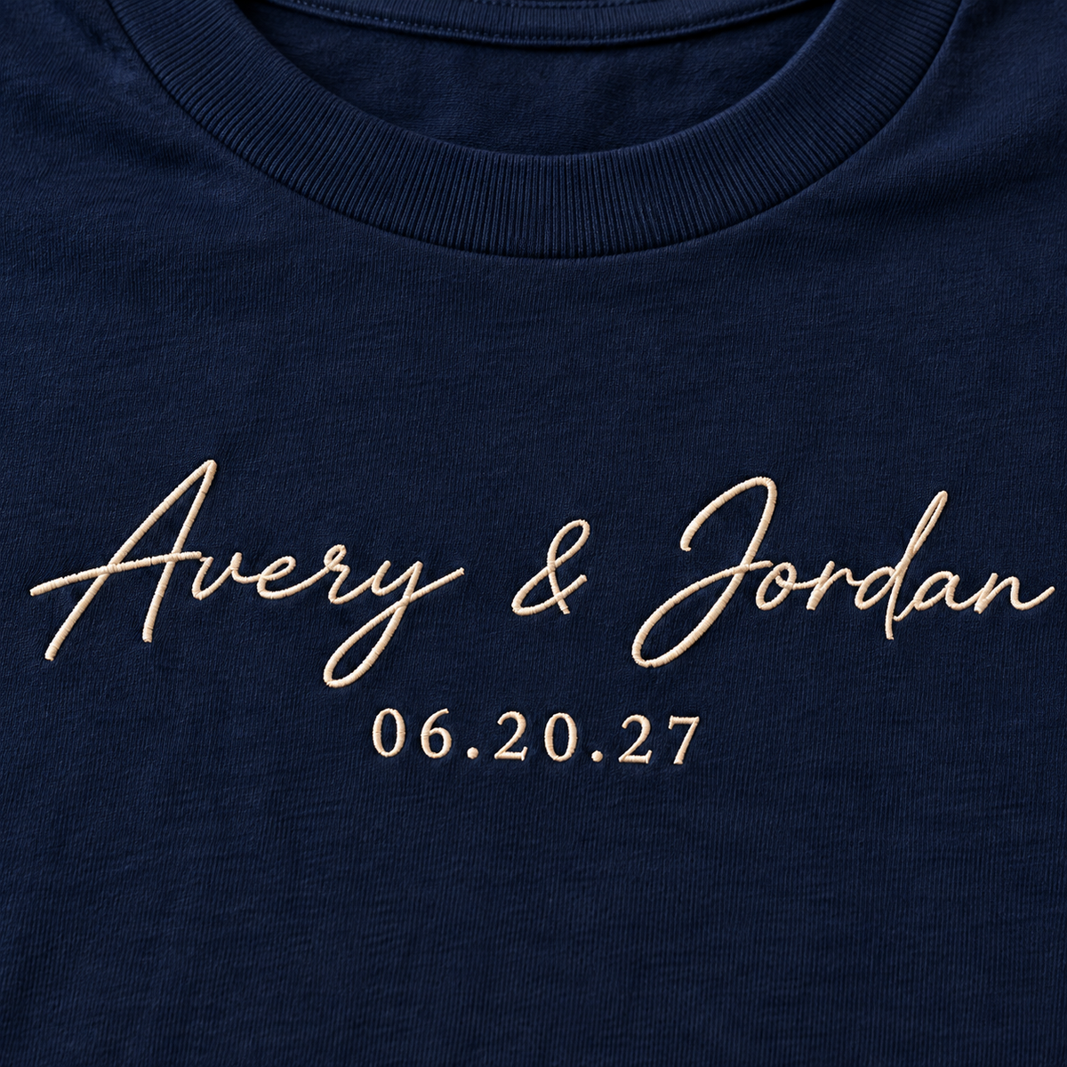 Rehearsal Dinner Hosts Embroidered T-Shirt; stitch detail. One Day for Lifetime