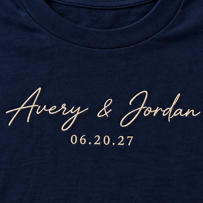 Rehearsal Dinner Hosts Embroidered T-Shirt; stitch detail. One Day for Lifetime
