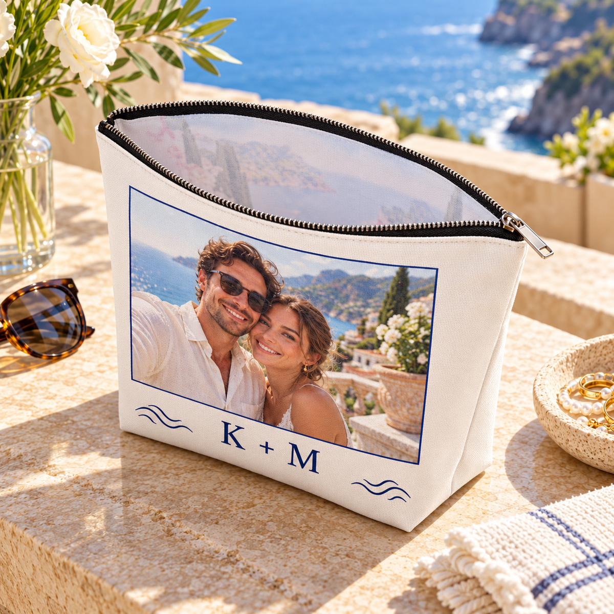 Honeymoon Postcard Cosmetic Bag; open interior. One Day for Lifetime