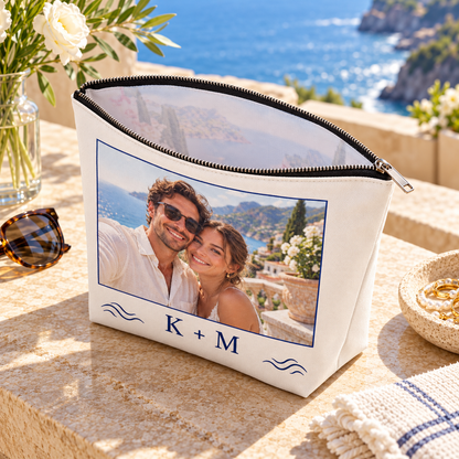 Honeymoon Postcard Cosmetic Bag; open interior. One Day for Lifetime