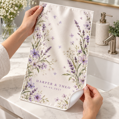 Lilac Meadow personalized wedding hand towel - hands