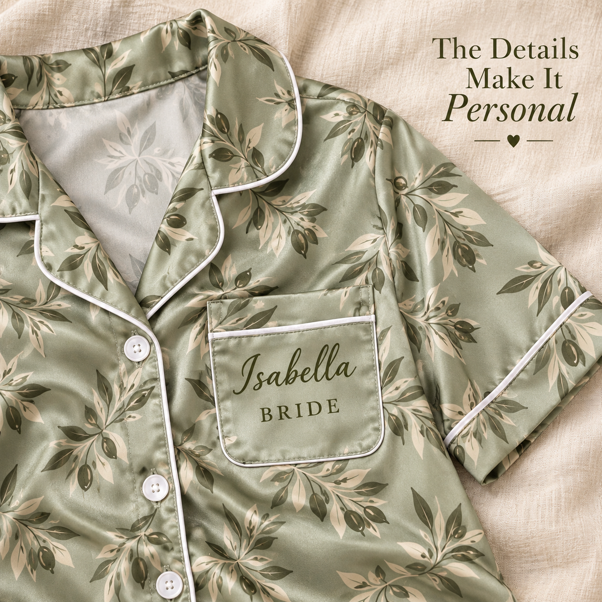 Olive Garden Morning | Personalized Satin Pajama Shirt Dress - detail
