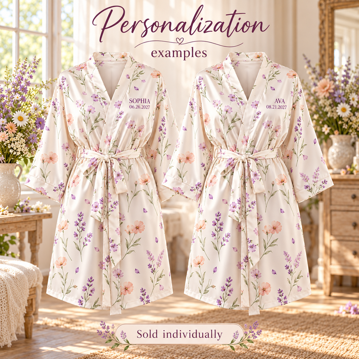 Wildflower Morning Personalized Satin Robe; personalization examples. One Day for Lifetime