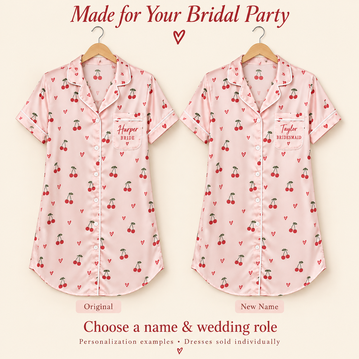 Cherry Sweethearts | Personalized Satin Pajama Shirt Dress - personalization