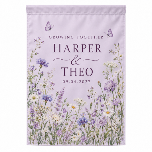 Lilac Meadow personalized wedding garden flag - hero