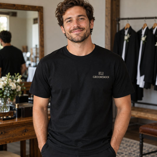 Groom Crew Names Embroidered T-Shirt; hero. One Day for Lifetime