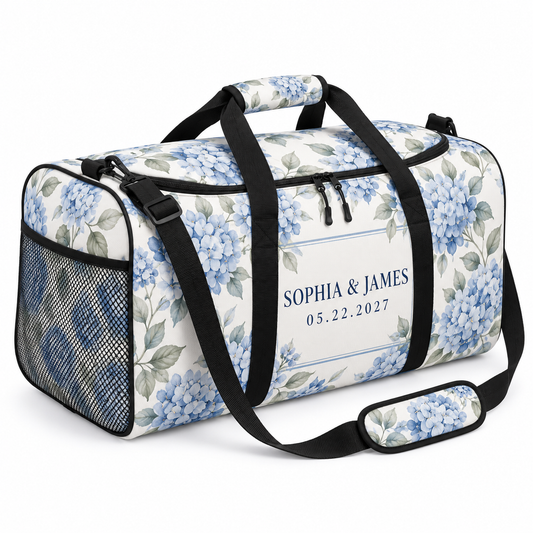 Dusty Blue Hydrangea personalized travel duffel bag - hero