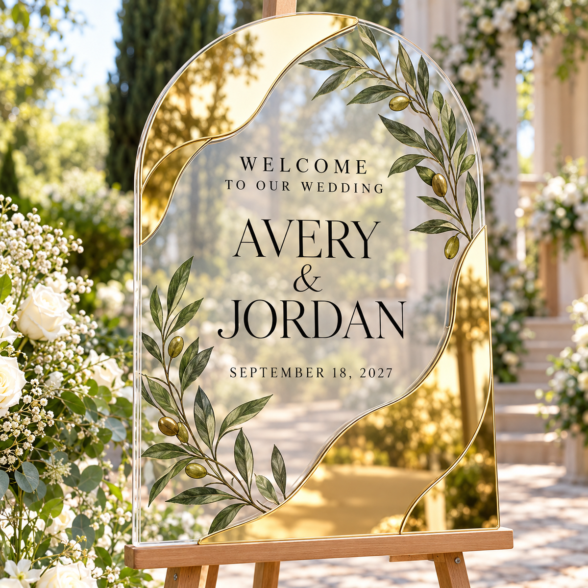 Olive Vow Personalized Mirror Acrylic Welcome Sign; hero. One Day for Lifetime