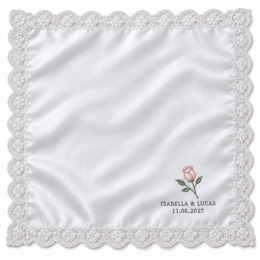 Blush Rosebud embroidered satin wedding handkerchief - hero