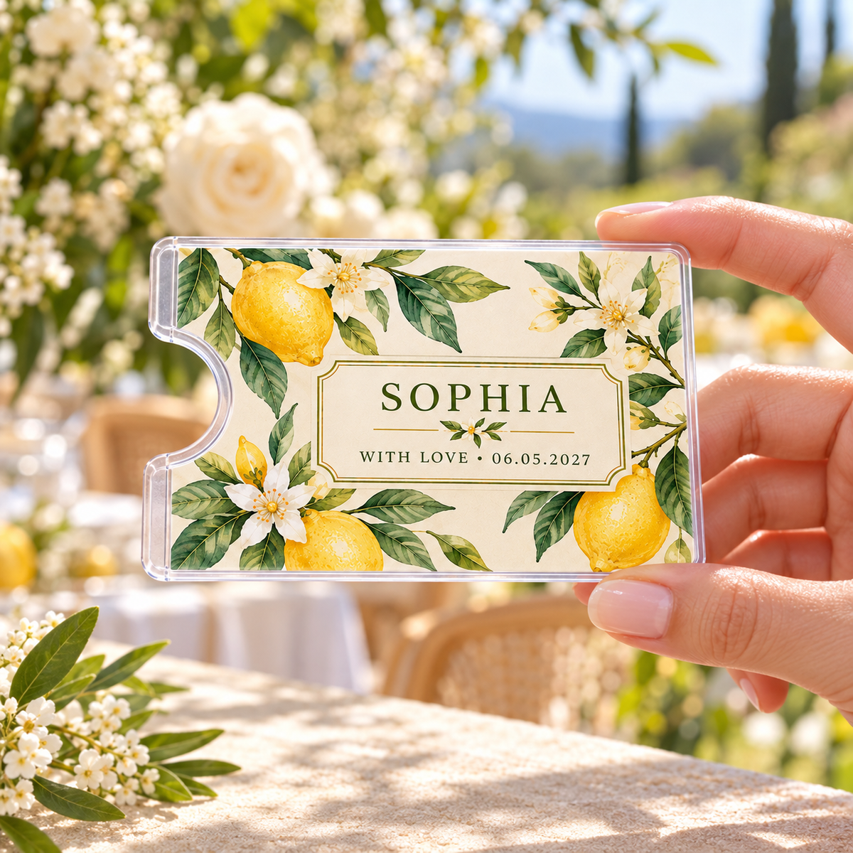 Citrus Wedding Thank You Card Sleeve; handheld. One Day for Lifetime