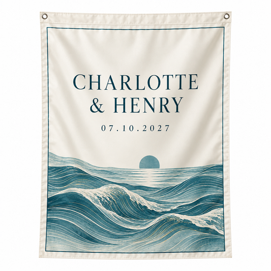 Teal Coastal personalized wedding house flag - hero