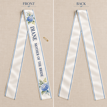 Mother of the Bride Satin Sash; front back. One Day for Lifetime