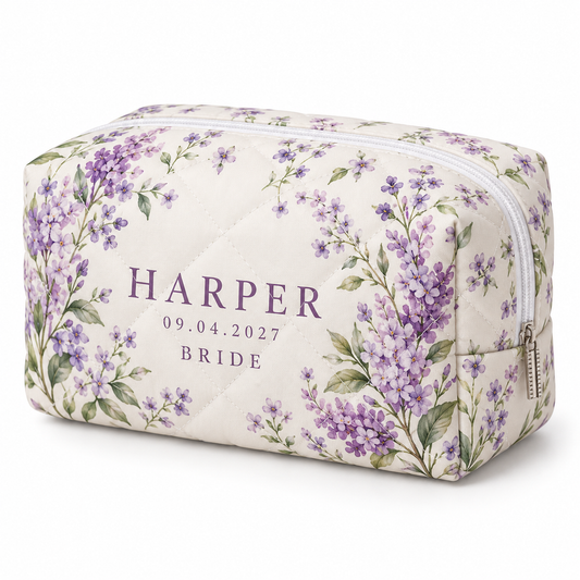 Lilac Meadow quilted makeup pouch - hero
