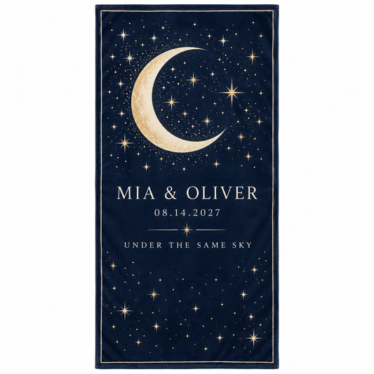 Navy Stars Moon personalized wedding beach towel - front