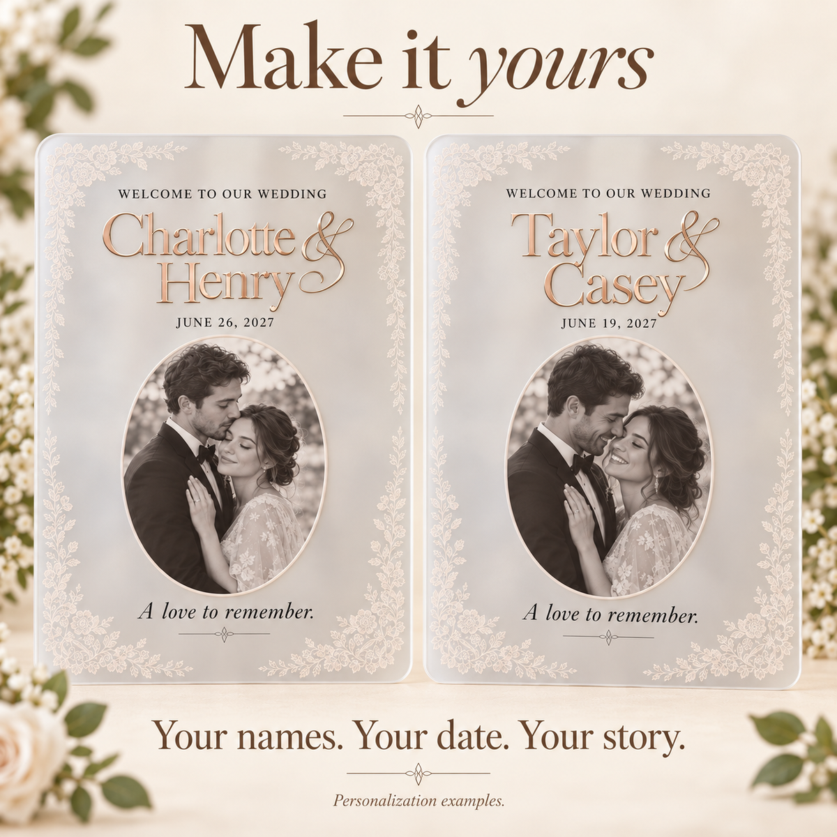 Heirloom Lace Portrait | Personalized Frosted Acrylic Wedding Sign - personalization