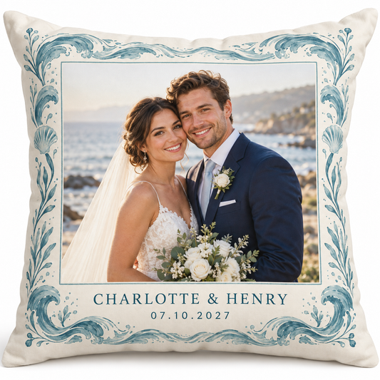 Teal Coastal personalized wedding pillow - hero