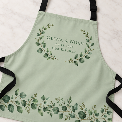 Sage Eucalyptus personalized wedding apron - detail