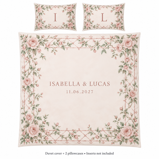 Blush Rose Trellis personalized wedding duvet cover set - hero