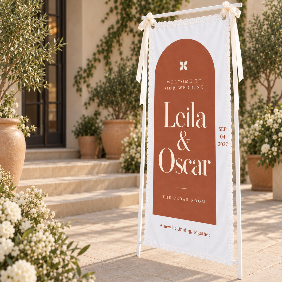Through Our Painted Arch | Personalized Lace Wedding Banner - right courtyard