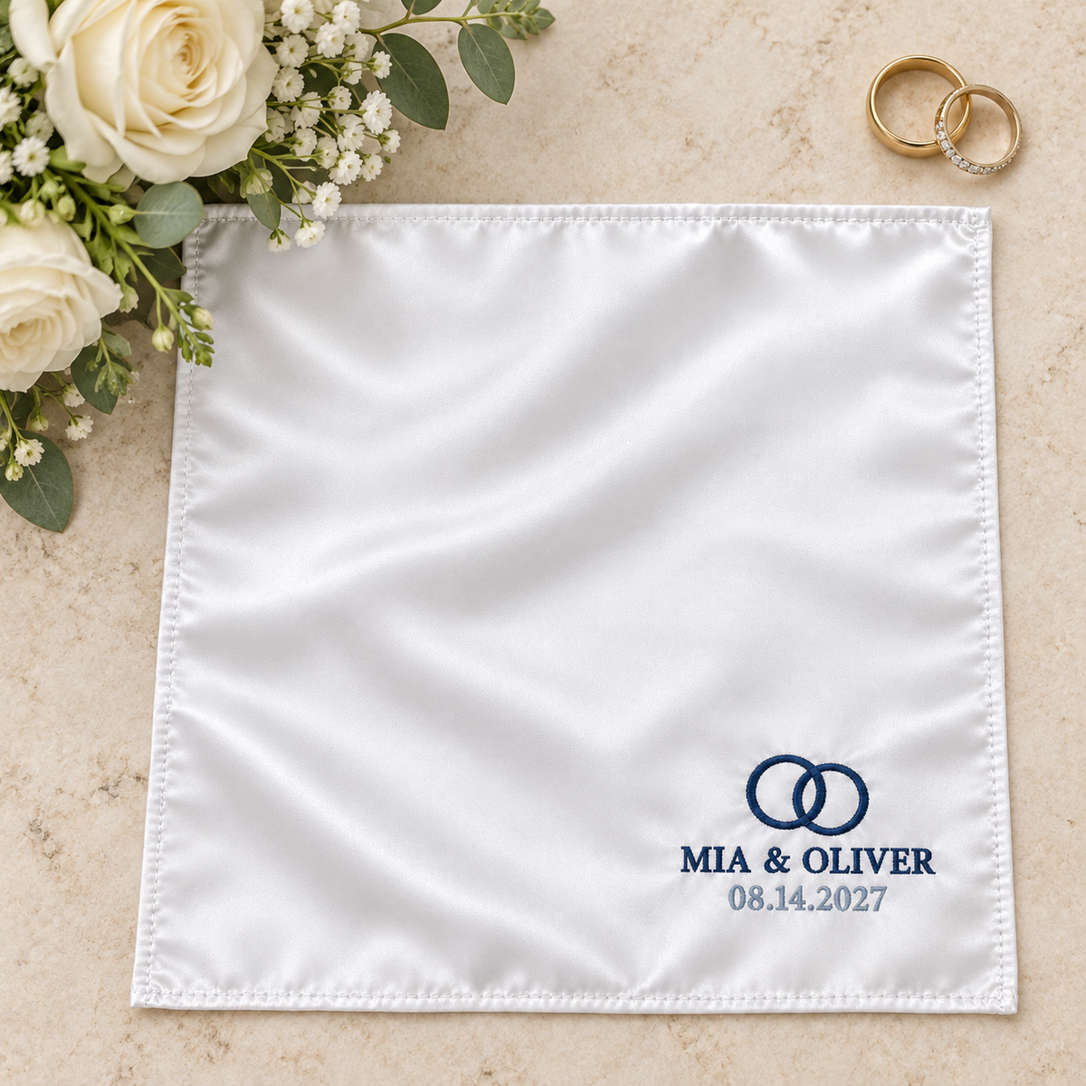 Navy Rings embroidered satin wedding handkerchief - keepsake flatlay
