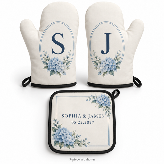 Dusty Blue Hydrangea personalized oven mitt and pot holder - hero