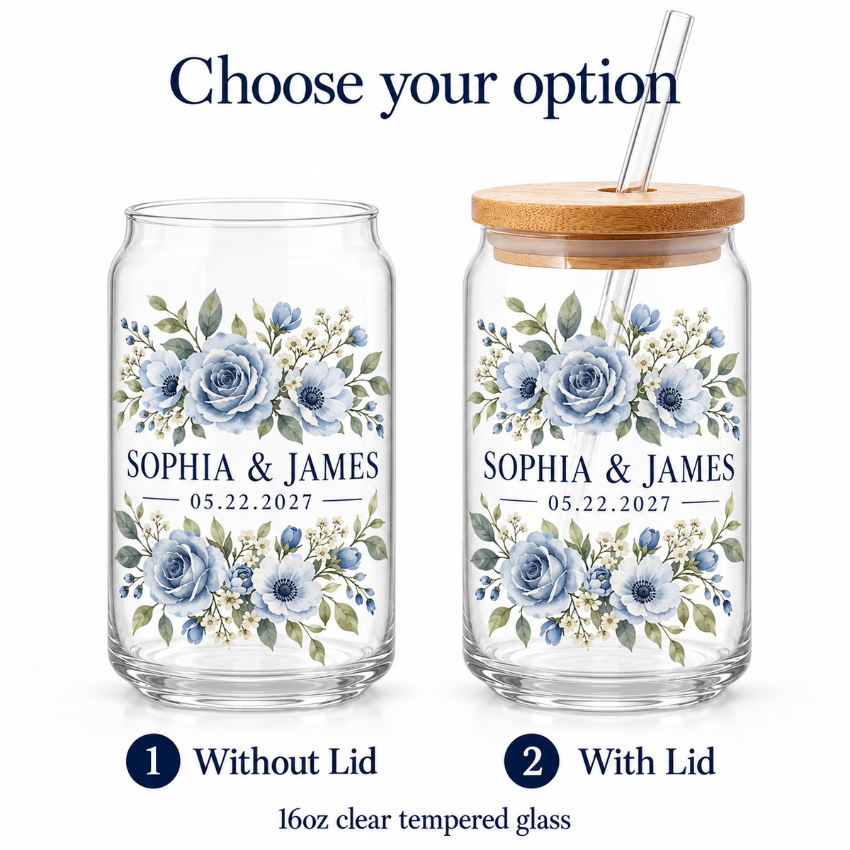Dusty Blue Flowers personalized sipper glass - variant options