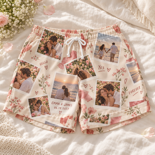 Our Love Story Photo Collage Personalized Satin Pajama Shorts; hero. One Day for Lifetime