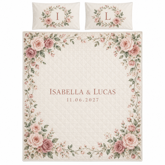Blush Rose Garden personalized quilt bedding set - hero
