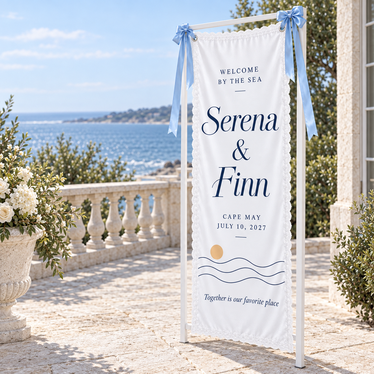 A Tide of Welcome | Personalized Lace Wedding Banner - right terrace