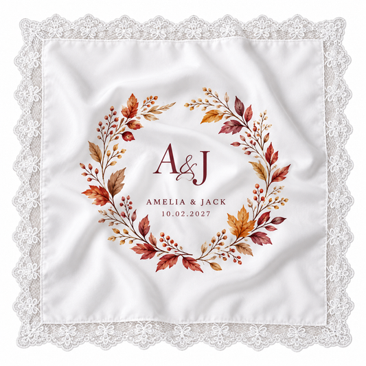 Autumn Monogram printed satin wedding handkerchief - hero