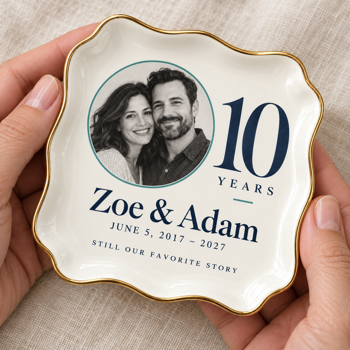 The Anniversary Portrait | Personalized Ceramic Ring Dish - in hand scale