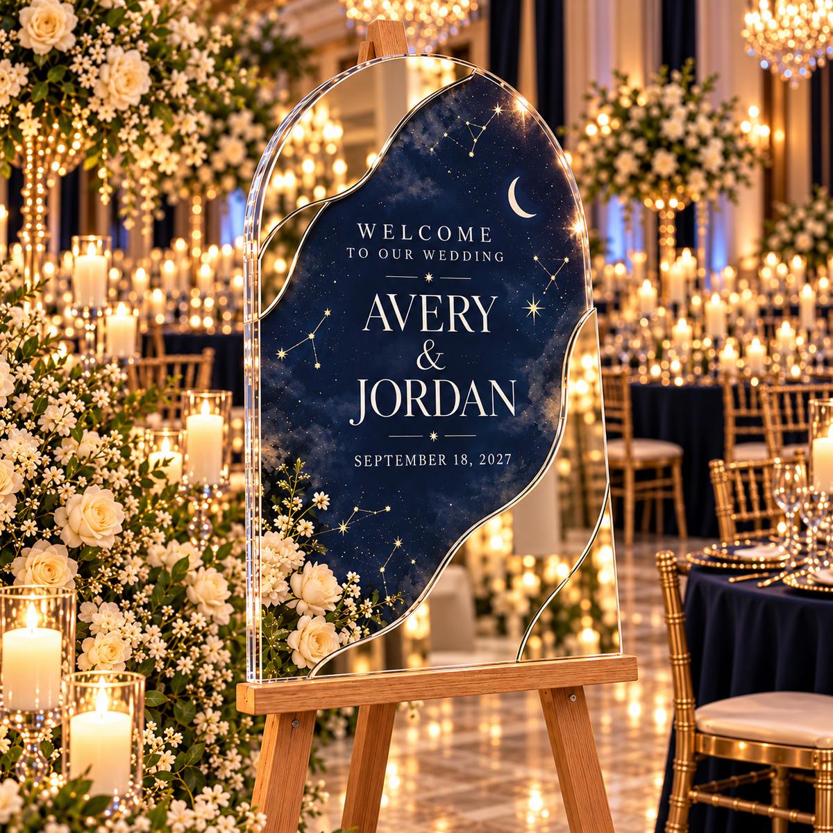 Midnight Celestial Personalized Mirror Acrylic Welcome Sign; left angle. One Day for Lifetime