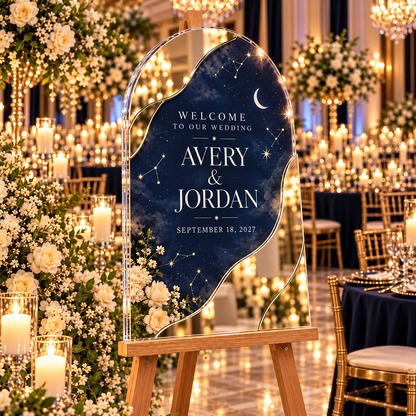 Midnight Celestial Personalized Mirror Acrylic Welcome Sign; left angle. One Day for Lifetime